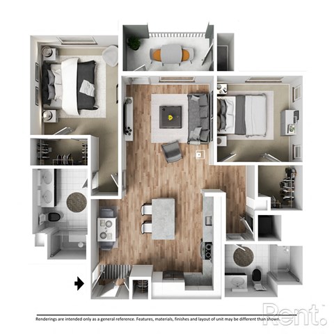 Floor plan for 2 beds, 2 baths, 1098 sqft